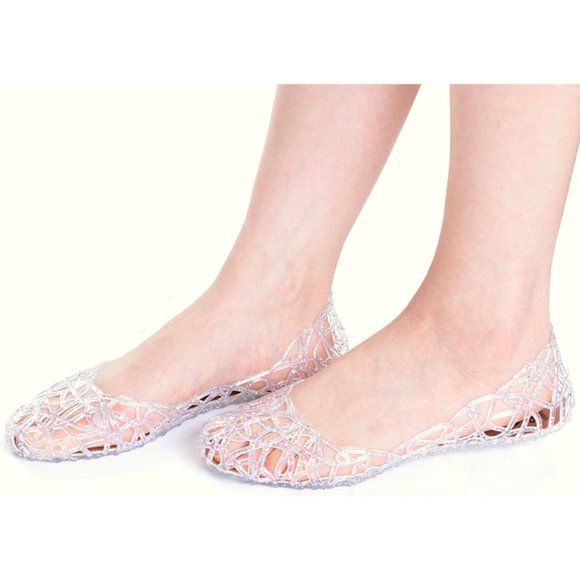 Clear Sparkly Glitter Shimmer Cut-Outs Jelly Flats - Picture 1 of 10